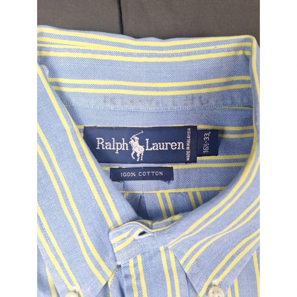 Vintage 90s Polo Ralph Lauren Mens Blue Yellow Stripes Button Flesh Pony 16.5-33